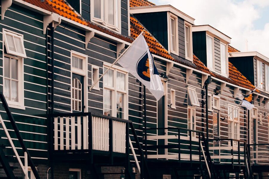 Marken row houses with Dutch flags