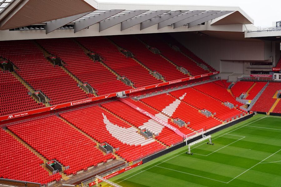 Aerial view of Anfield Stadium iconic red seats and pitch architecture