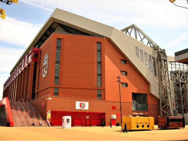 Main Stand at Anfield Stadium Liverpool in red and white