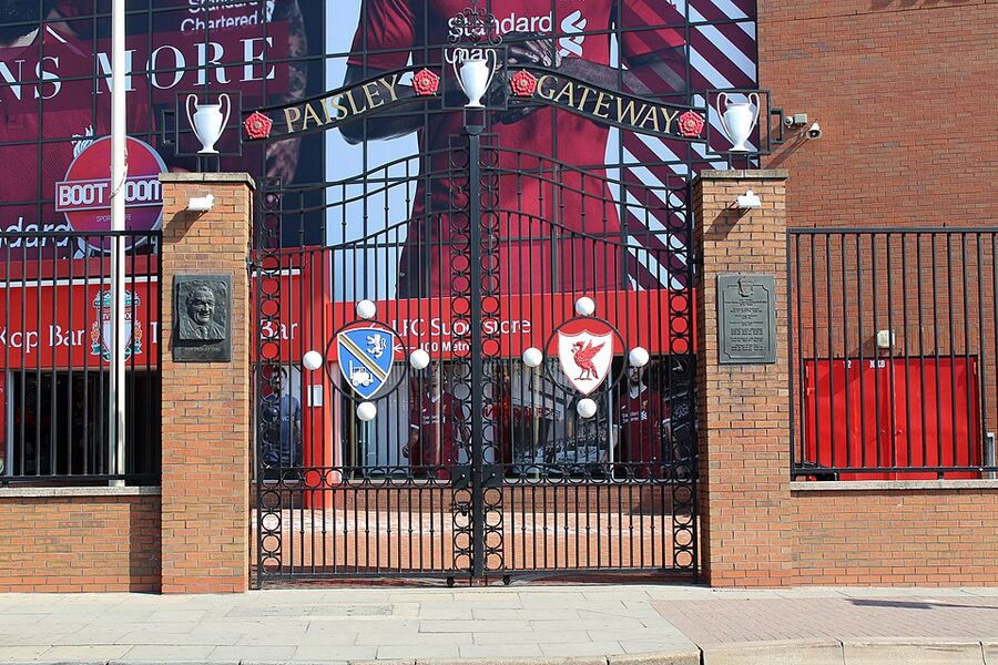 Paisley Gateway entrance to Anfield Stadium with Bob Paisley plaque