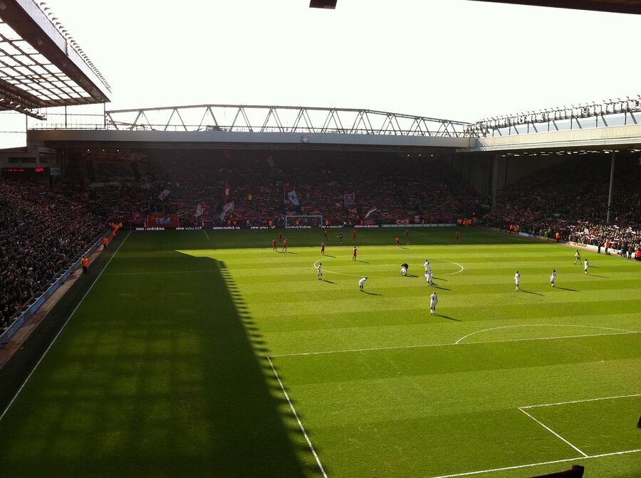 Anfield Liverpool football stadium pitch overall view