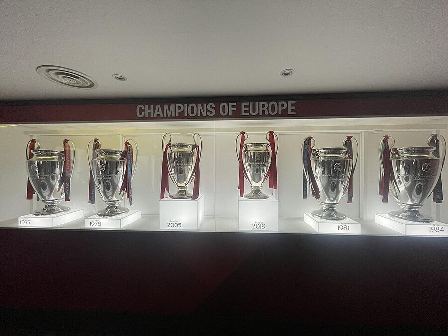 Six Champions League trophies displayed in the Liverpool FC museum