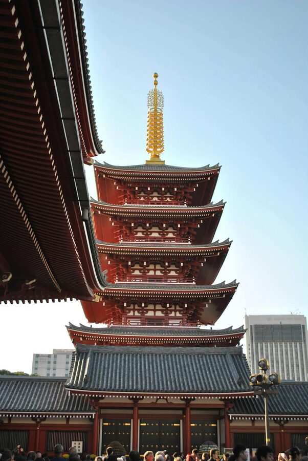 Iconic five-storied pagoda at Sensoji Temple in Asakusa Tokyo