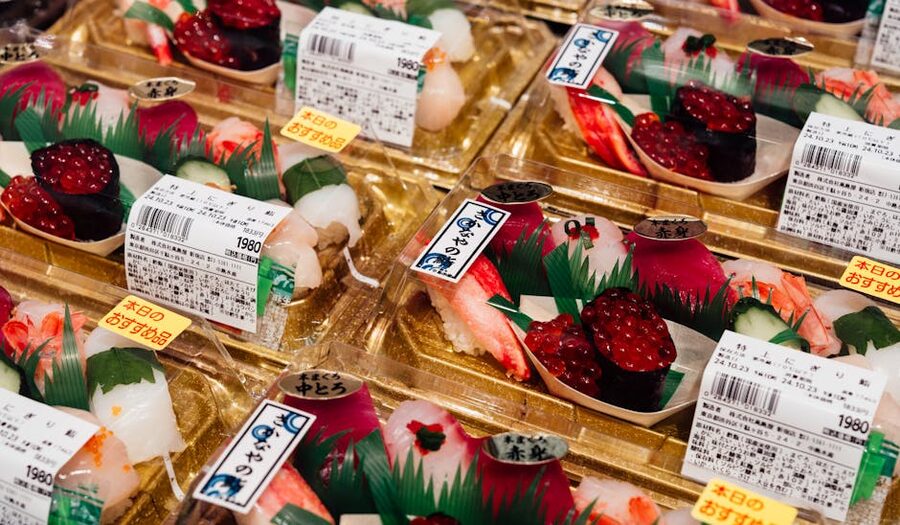 Assorted sushi at Japanese market