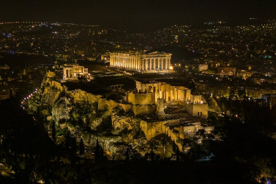 Acropolis Athens night aerial view illuminated