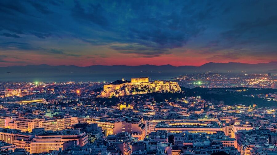 Athens cityscape with the illuminated Acropolis at twilight