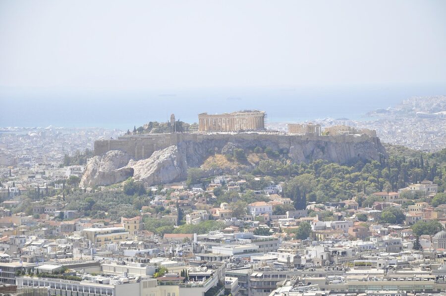 Parthenon temple Acropolis Athens against blue sky