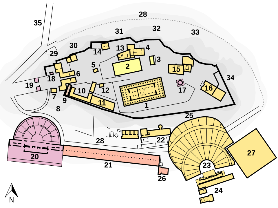 Coloured site plan of the Acropolis showing Parthenon Erechtheion Propylaea and other buildings