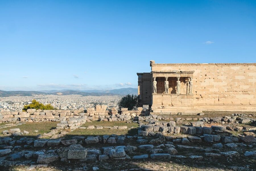 Erechtheion temple with Athens skyline in the background