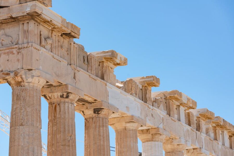 Parthenon columns close-up against blue sky in Athens
