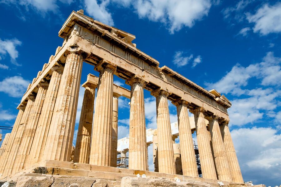 Parthenon temple ruins with pillars and columns in Athens