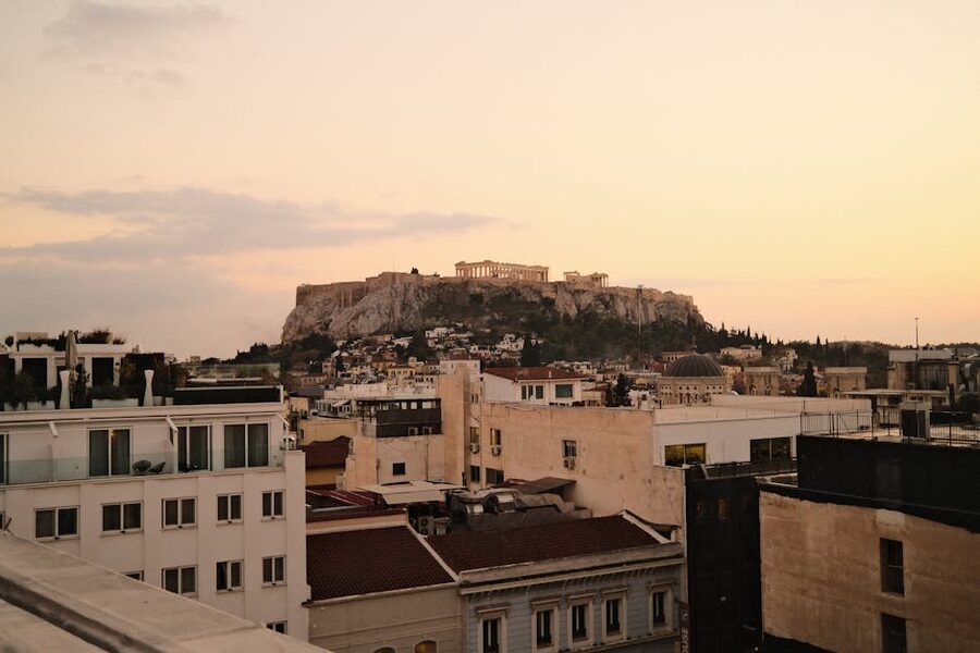 Acropolis at sunset seen from Philopappos hill in Athens