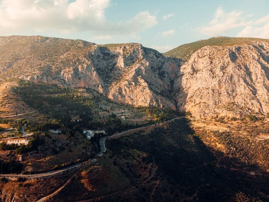 Aerial Delphi mountains sunset Greece