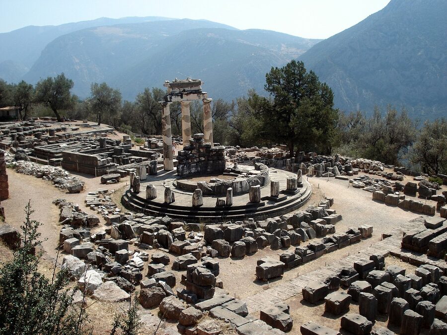 Delphi ancient site overview Greece archaeological ruins