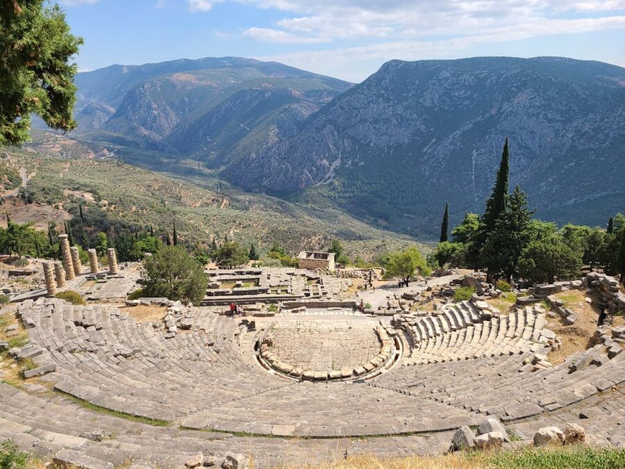 Ancient Theatre of Delphi mountains backdrop