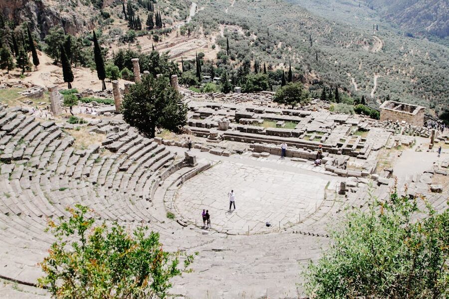 Tourists at the Delphi theatre ancient amphitheatre
