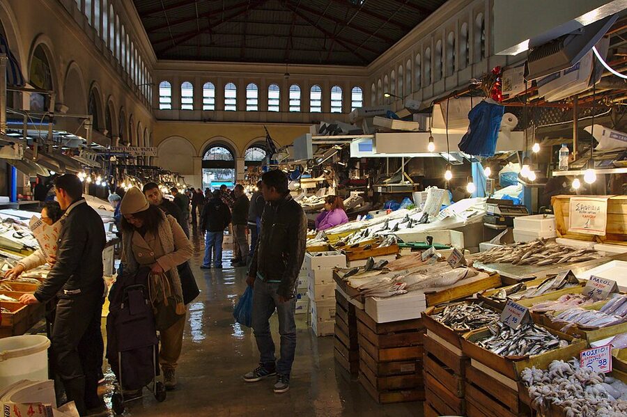 Fish stalls Varvakios Central Market Athens