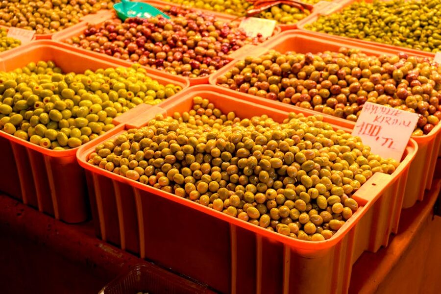 Fresh olives at street market display