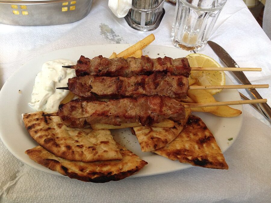 Souvlaki served at Athens taverna with fries