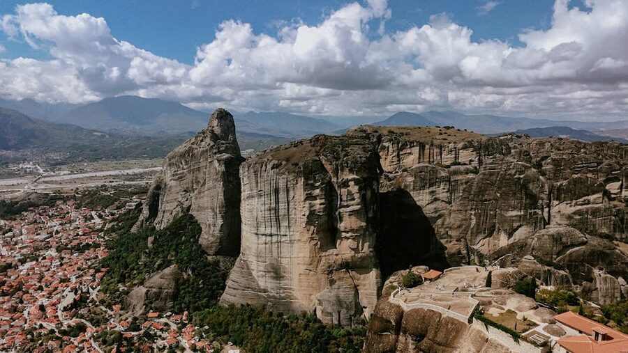 Meteora aerial view cliffs Greece cloudy sky
