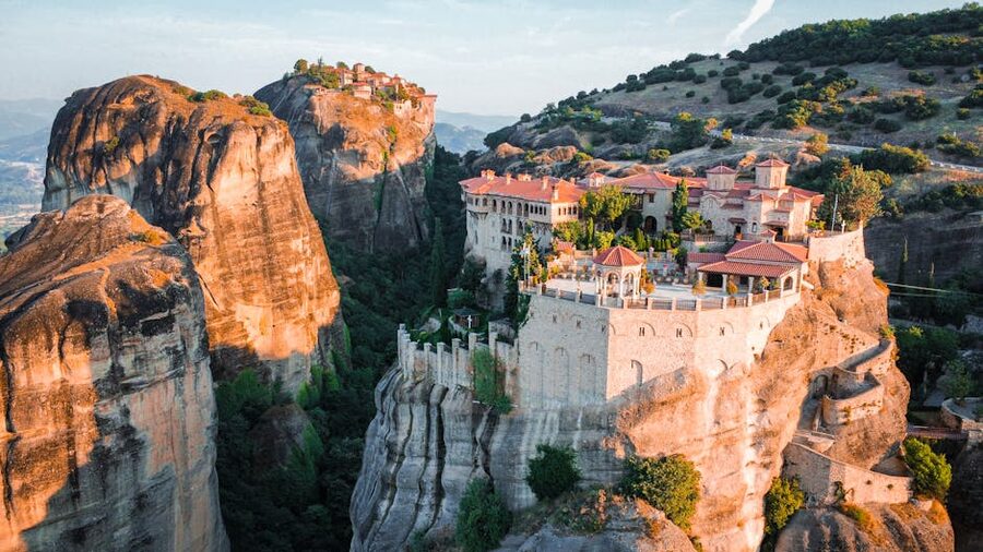 Meteora aerial Kalambaka village monasteries
