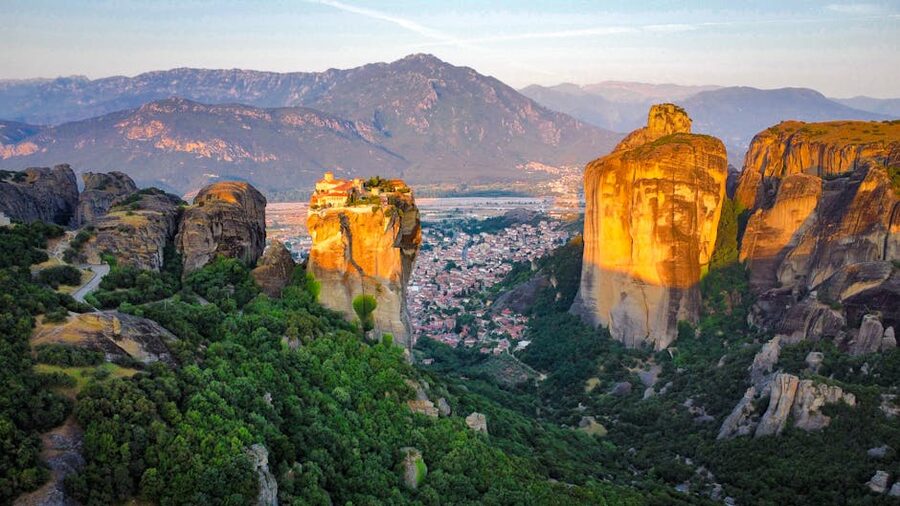 Meteora monasteries aerial towering rock formations