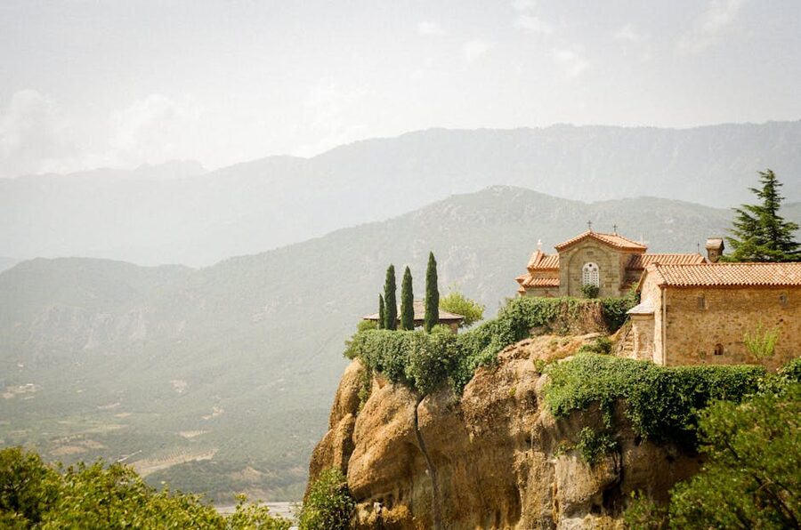 Meteora monastery dramatic cliff mountain