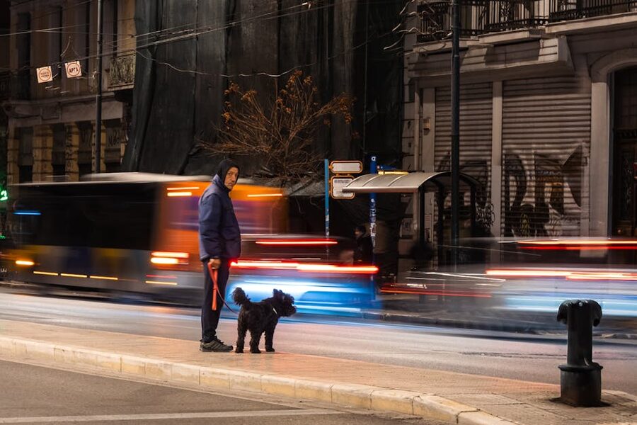 Athens night street scene with motion blur