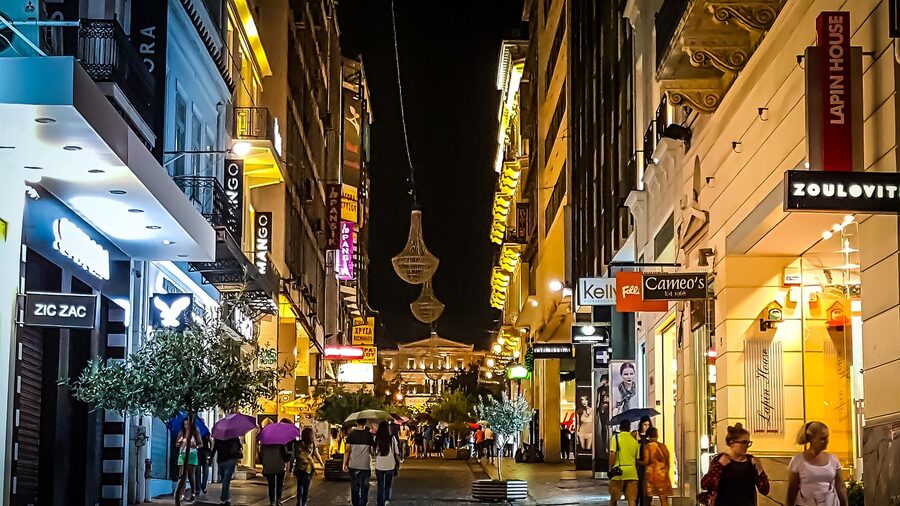 Athens Plaka Monastiraki at night with shops