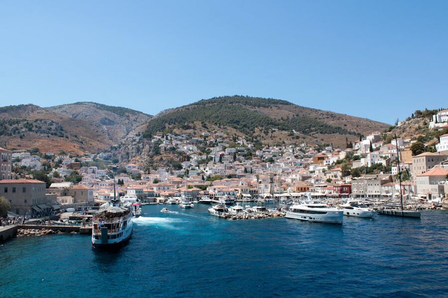 Hydra bay houses morning Saronic cruise