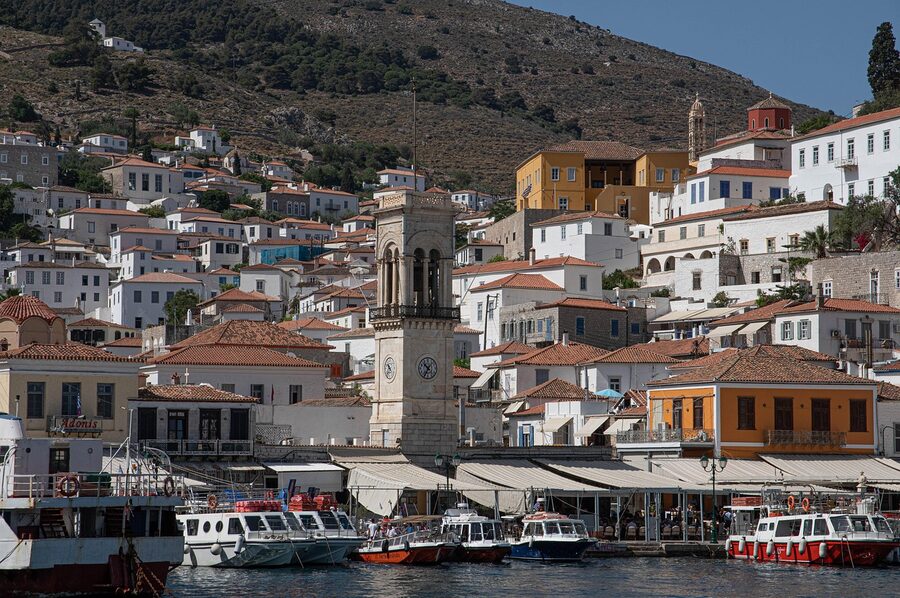 Hydra port overlook from cliff houses