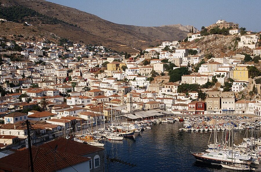 Hydra town stone houses cobblestone street