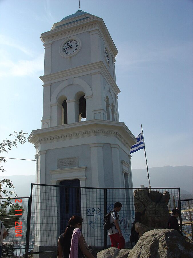 Poros island clock tower hilltop view