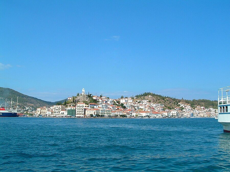 Poros island Greece overview town from sea