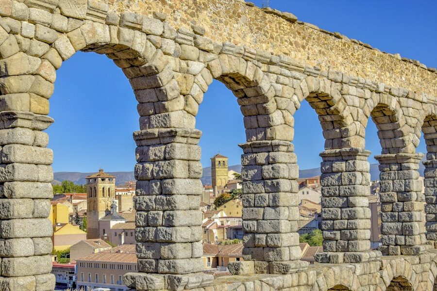Roman aqueduct Segovia overlooking cityscape
