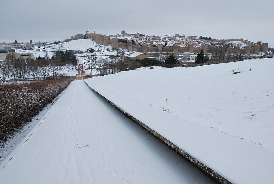 Walls of Avila in winter snow