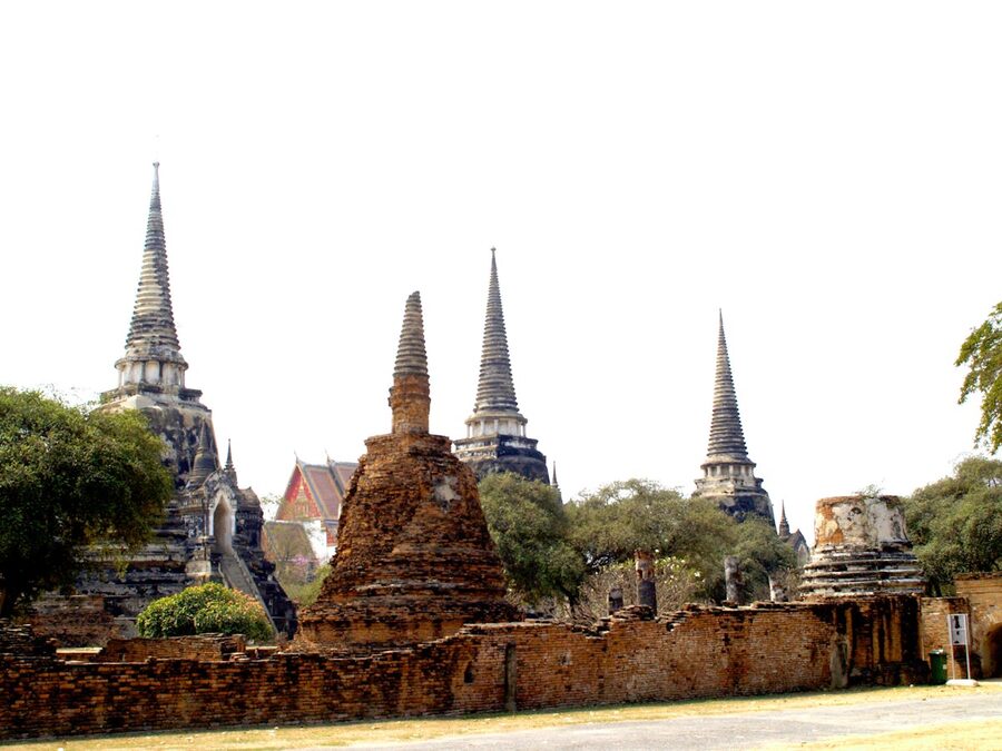 Multiple ancient stupas and brick ruins scattered across Ayutthaya Historical Park