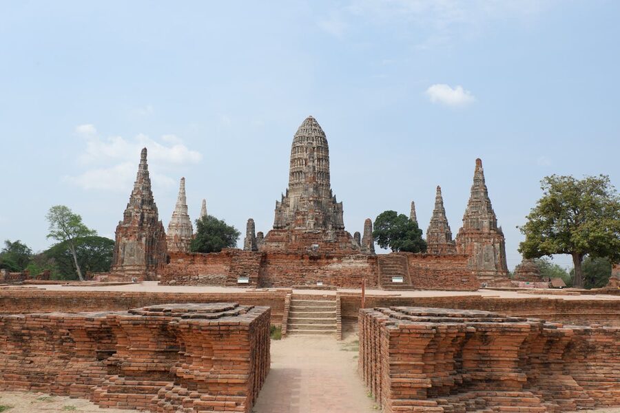 Panoramic view of Wat Chaiwatthanaram temple complex in Ayutthaya from a distance