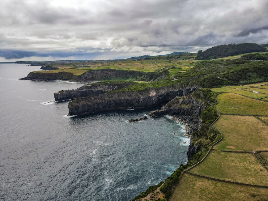 Aerial view of dramatic Azores coastal cliffs