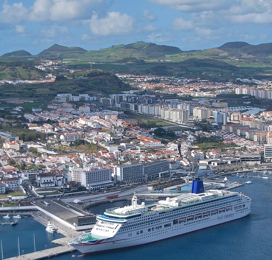Aerial view of Ponta Delgada port Sao Miguel