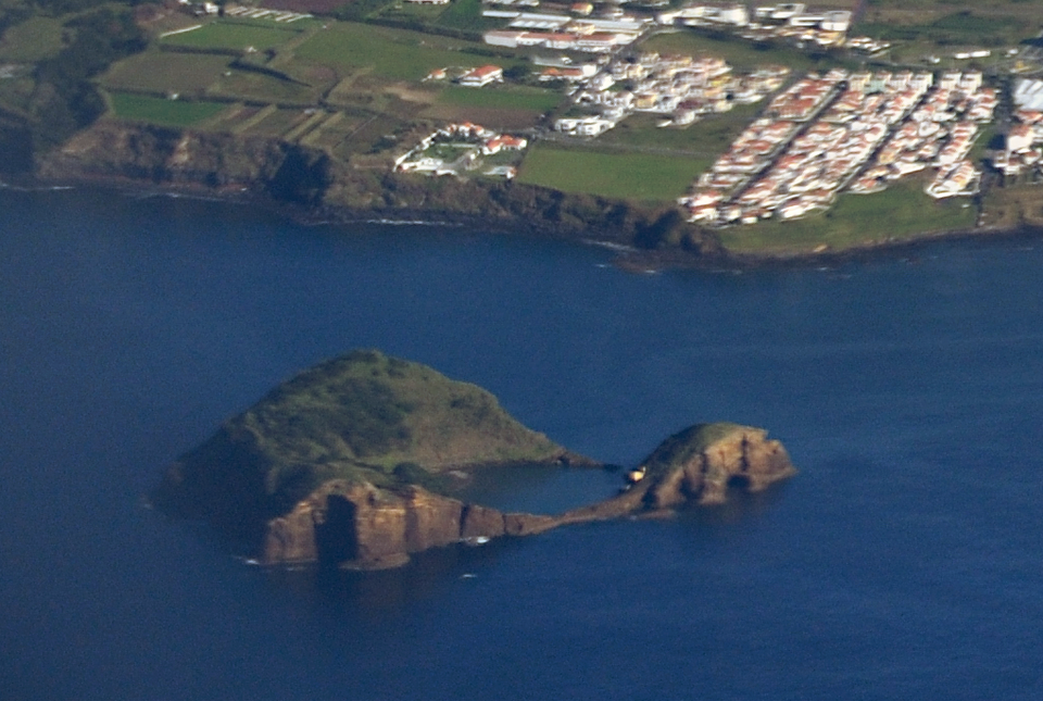 Aerial view of Ilheu de Vila Franca volcanic crater Sao Miguel