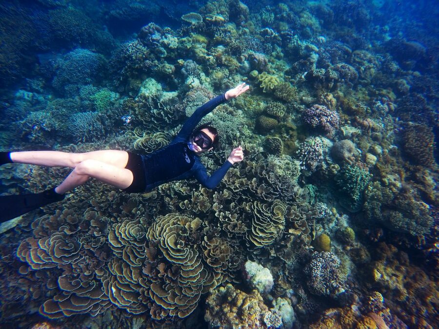 Coral reef and tropical fish in the shallow clear water of Blue Lagoon Beach in Bali