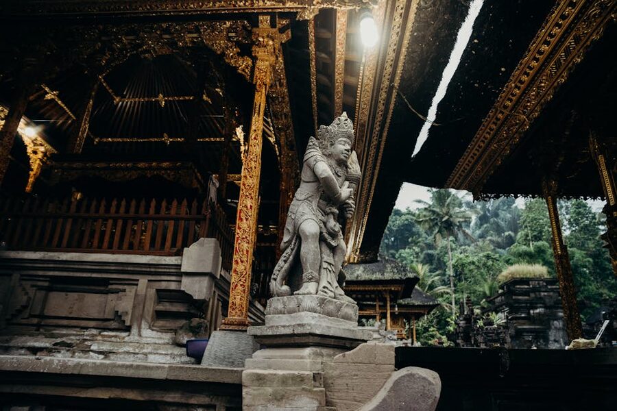 Balinese stone temple in jungle setting