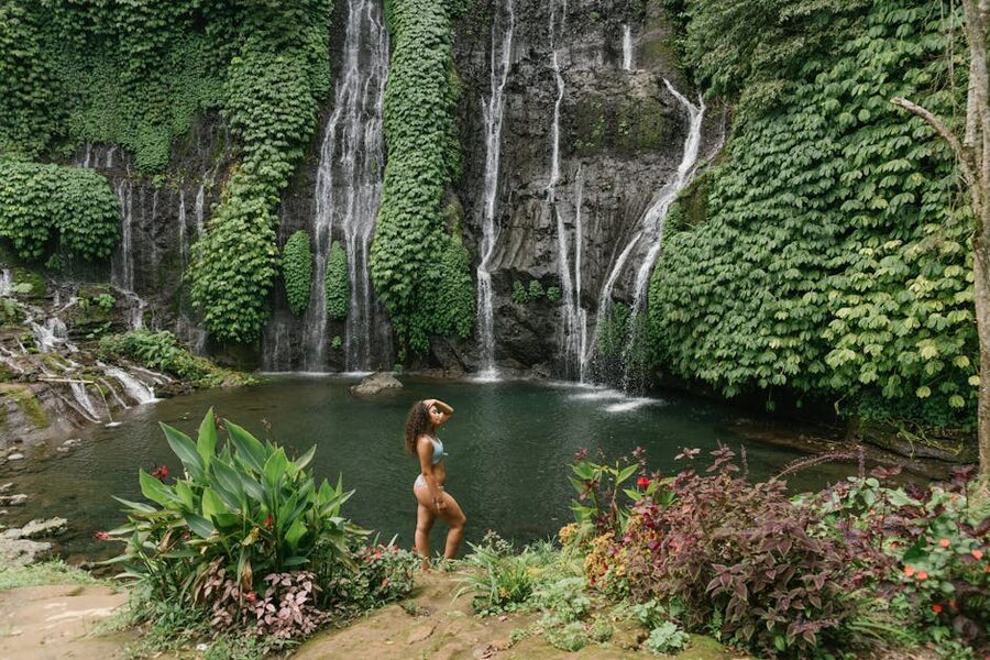 Bali waterfall with swimming pool at base