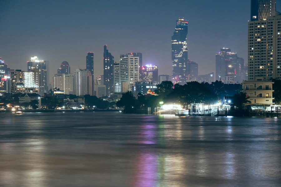 Bangkok skyline at night featuring the illuminated Mahanakhon Tower