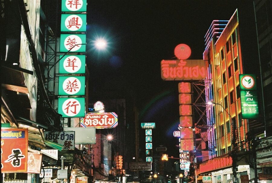 Neon lights on Yaowarat Road in Bangkok Chinatown at night