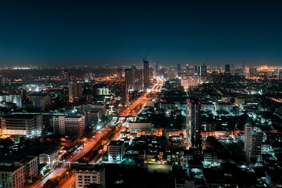 Aerial view of Bangkok city lights at night