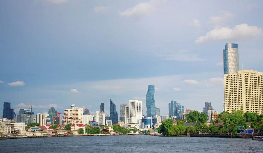 Panoramic view of Bangkok skyline with the Chao Phraya river