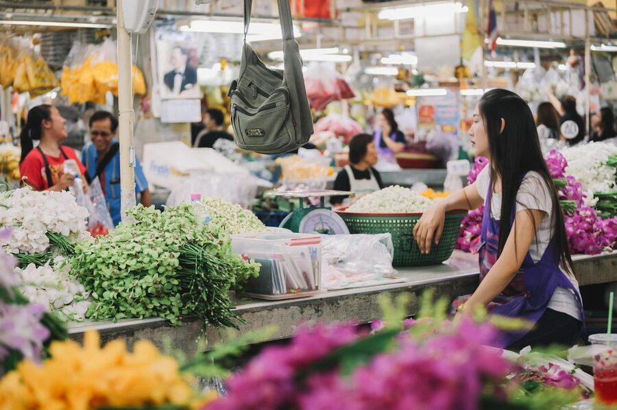 Colorful flower stalls at Bangkok flower market