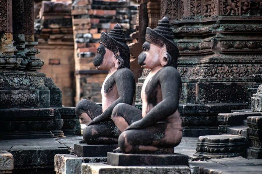 Intricate sandstone sculptures at Banteay Srei temple